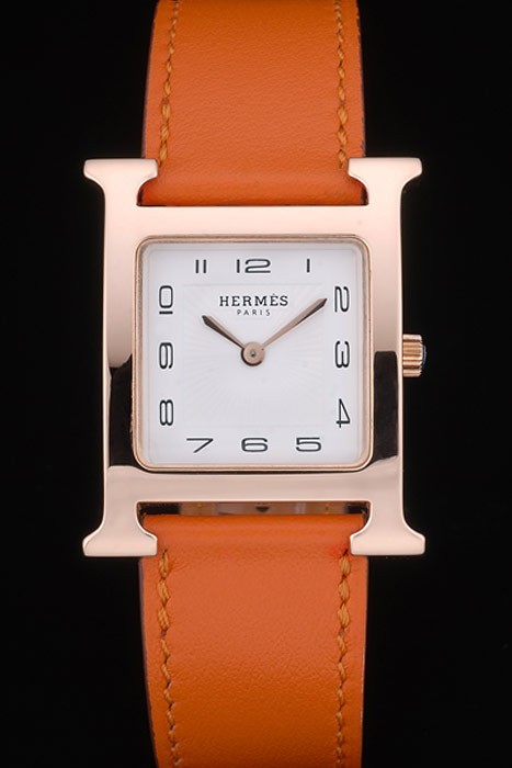 Hermes Heure H Rose Gold Bezel Oranžový kožený řemínek White Dial 80234