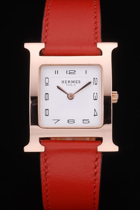 Hermes Heure H Rose Gold Bezel White Dial Red kožený řemínek 80233