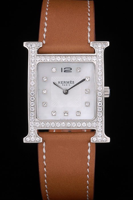 Hermes Heure H Stainless Steel Diamond pokrytý Rámeček Tan kožený řemínek White Dial 80232
