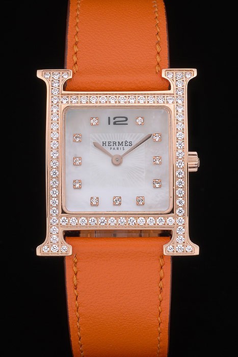 Hermes Heure H Rose Gold Diamond pokrytý Rámeček Oranžový kožený řemínek White Dial 80237