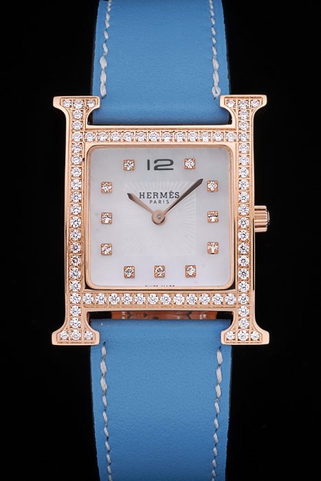 Hermes Heure H Rose Gold Diamond pokrytý Rámeček modrý kožený řemínek White Dial 80238